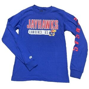 Kansas Jayhawks KU Men's Long Sleeve Shirt Blue Size Small Adult RUSSELL Graphic